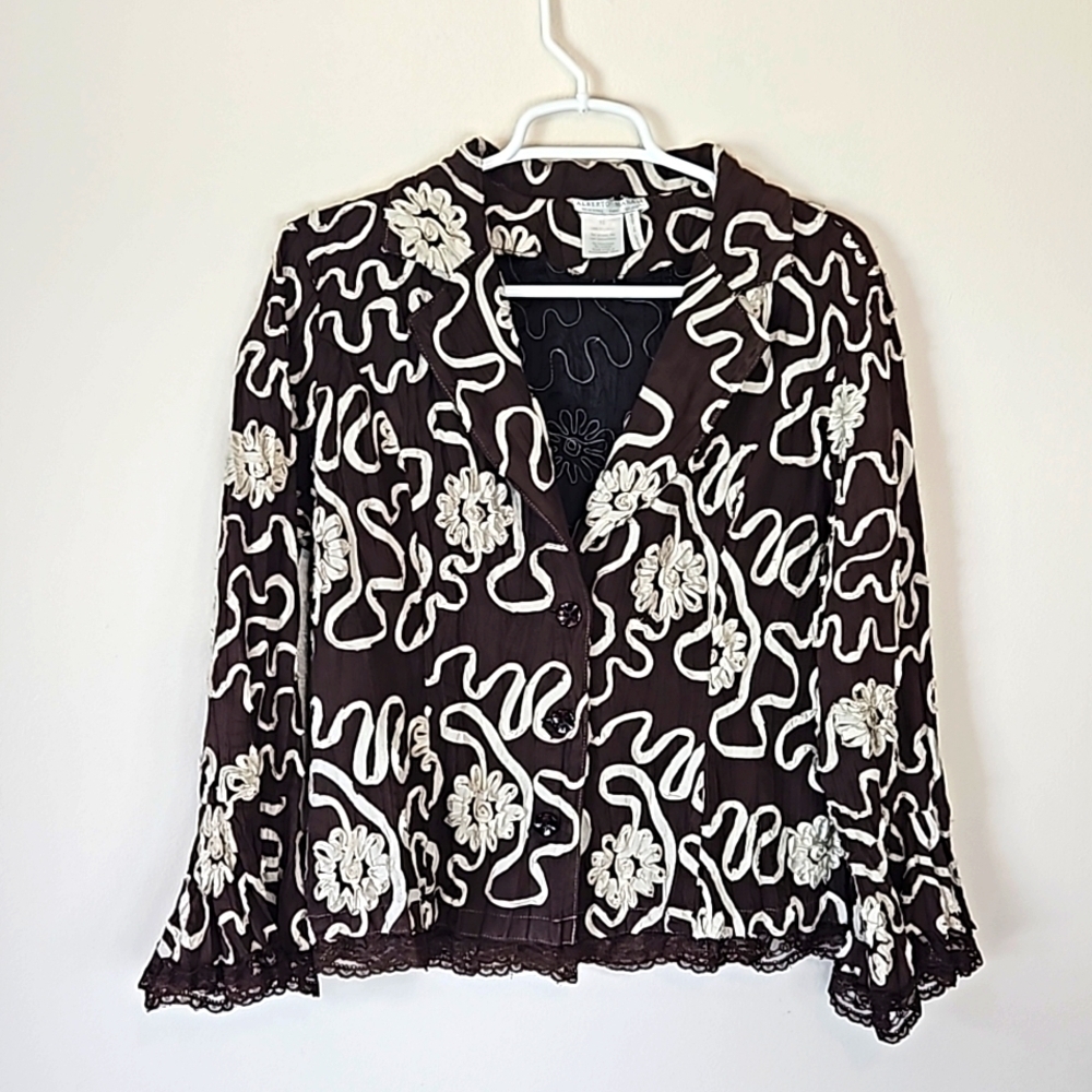 Alberto Makali Jacket Floral Ribbon Brown Cream Size 12